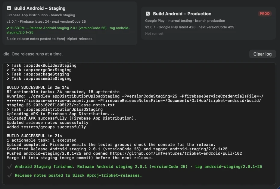 Android Staging finished: Firebase App Distribution upload completed, release committed as versionCode 25, tag android-staging/2.0.1+25, and a pull request opened.