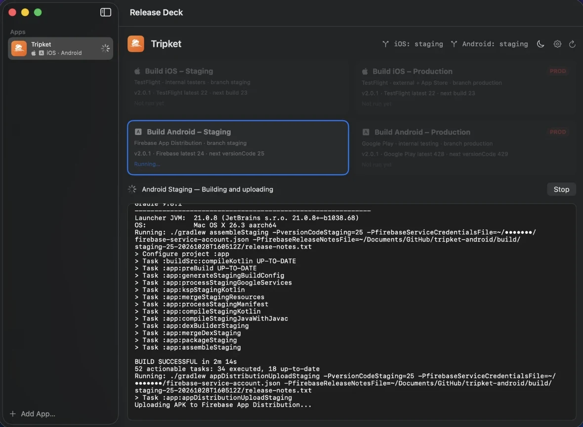 An Android Staging release in progress. The progress line reads Building and uploading, a Stop button sits beside it, and Gradle tasks stream below until BUILD SUCCESSFUL and the Firebase upload begin.