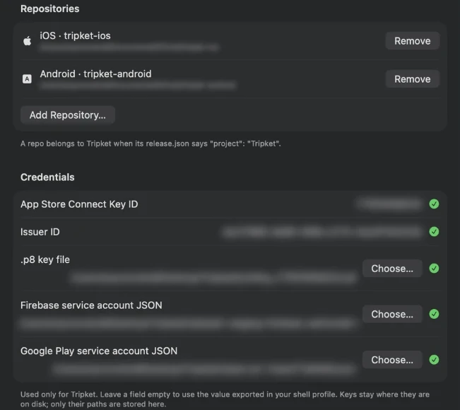 Release Deck settings for one app: its iOS and Android repositories, App Store Connect key, Firebase and Google Play service account files, and an app icon.